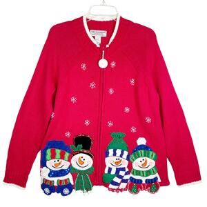 Vintage Tiara International Snowman Christmas Sweater Red Embroidered L